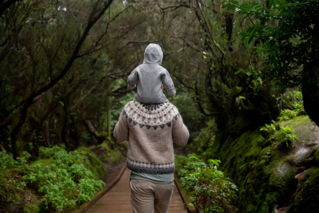 A father carries his child on his shoulders as they walk down a path in a lush green forest.