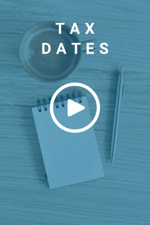Aerial view of a cup of coffee, a pen, and an open notepad all placed on a wooden desk. There is a text overlay that reads 'Tax Dates'.